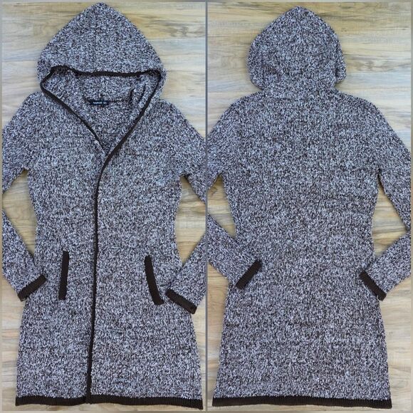 🩵Brown & White Variegated Trim Open Front Hooded Cardigan Large - Picture 2 of 14